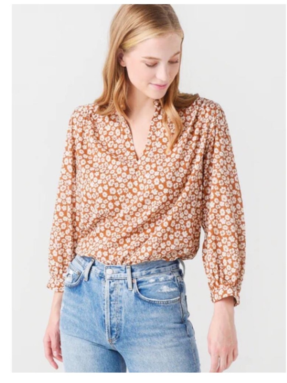 Trovata Bailey Longsleeve Boho Cotton Blouse Brown Floral Size Medium